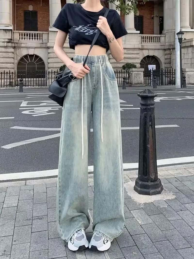 

Elastic Waist High Waist Wide Leg Jeans for Women Loose Straight Blue Long Denim Pants Female Fashion Streetwear Jeans