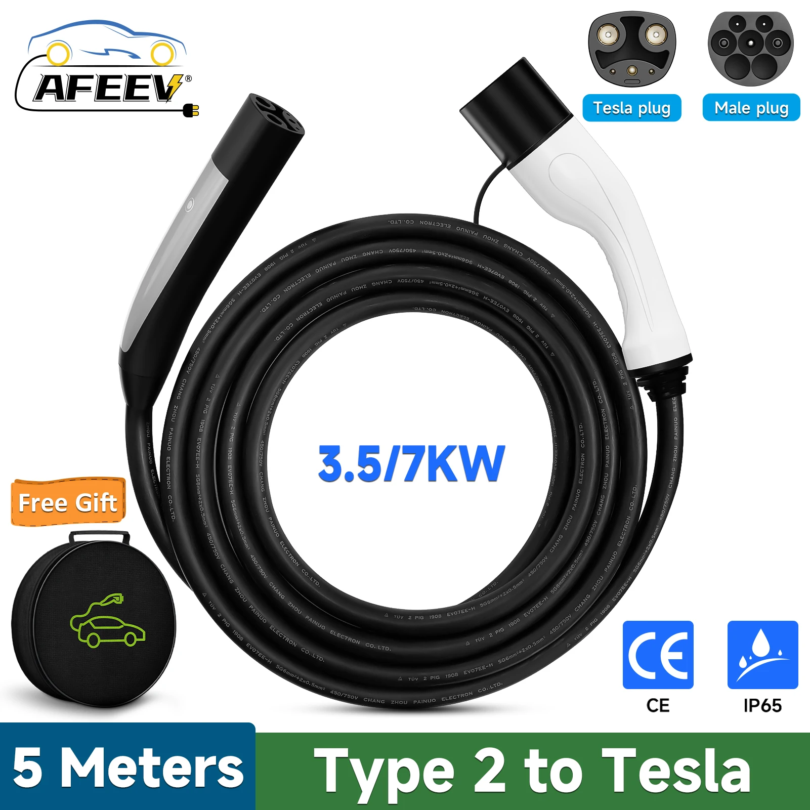 AFEEV 16A/32A 7KW Type 2 to Tesla NACS EV Charging Cable IEC 62196-2 to Model 3/Y/X/S EVSE Charging Station Female to Male Plug