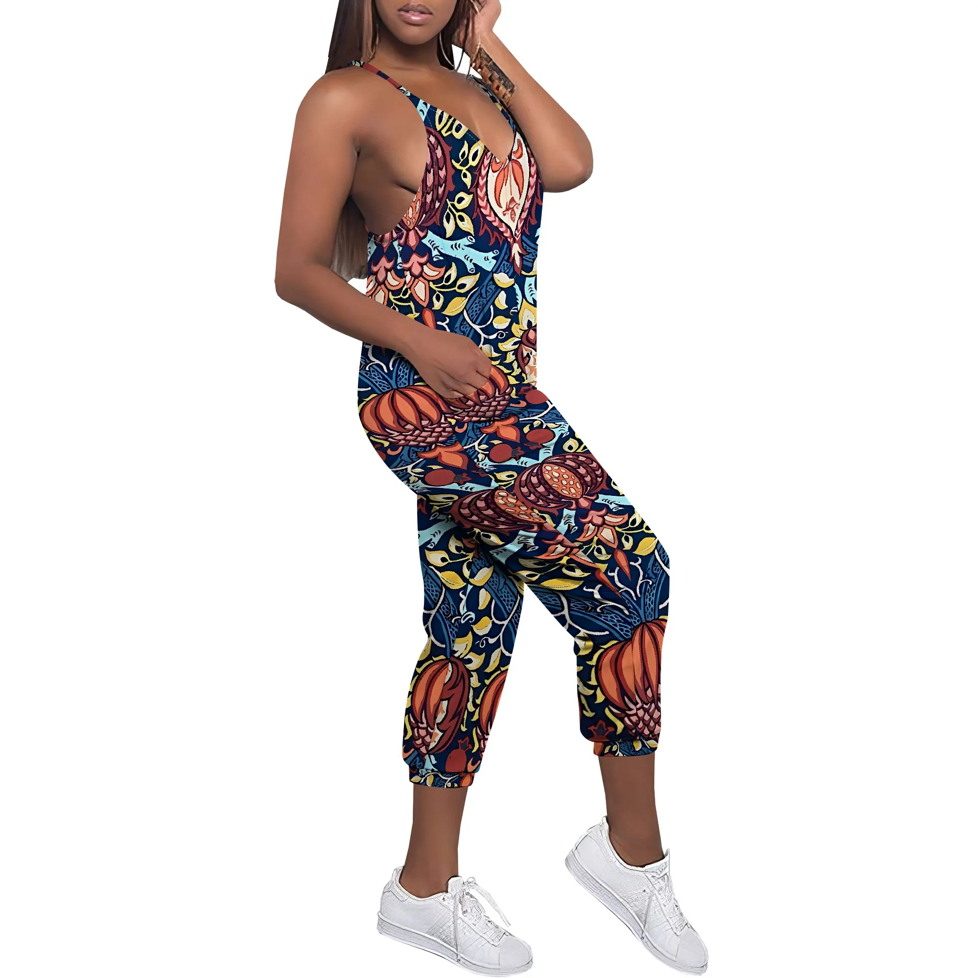 Women's Fashionable Boho Strapless Jumpsuit Featuring V-neck Wide-leg Design And Practical Pockets For Summer Wear