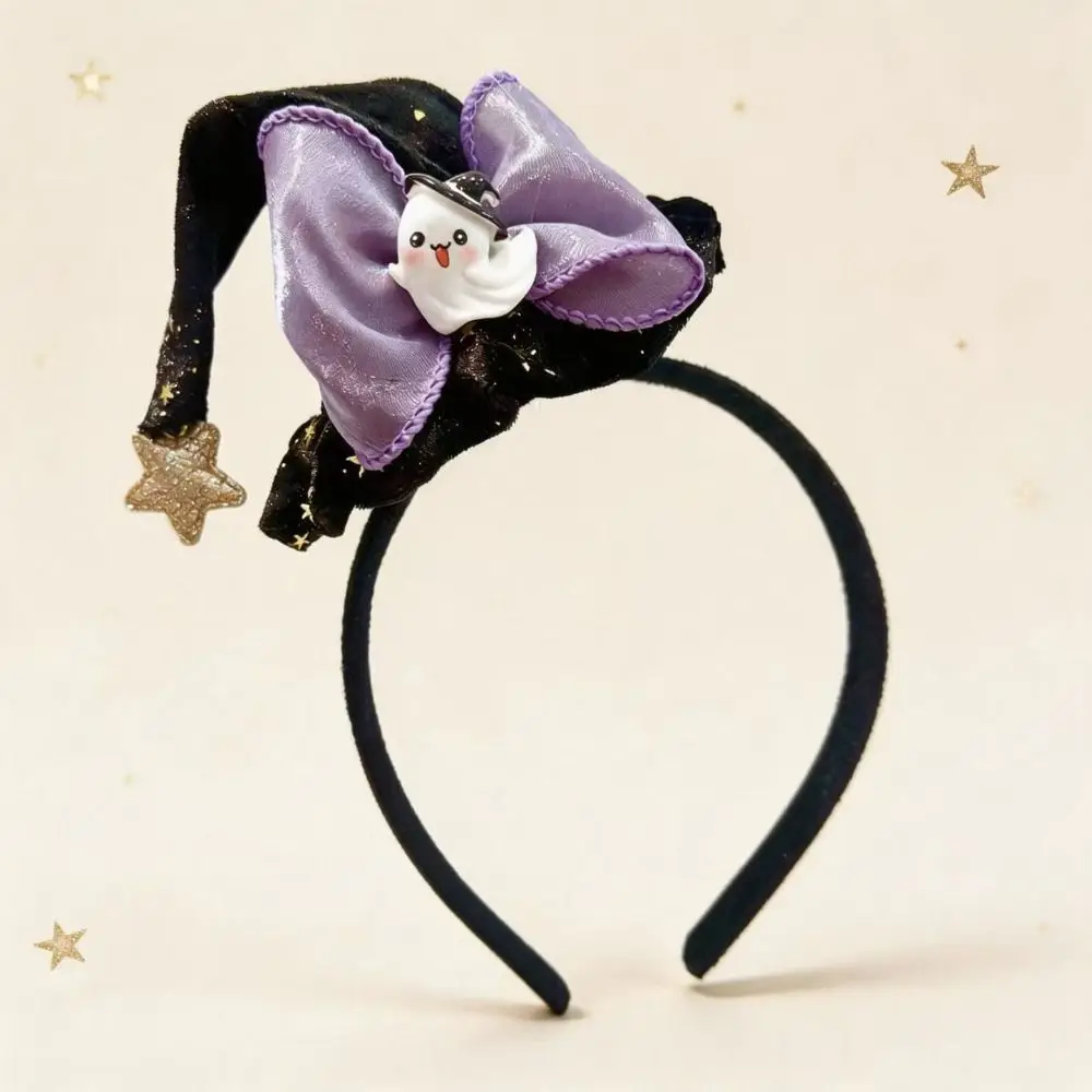 Funny Ghost Halloween Witch Hat Headband Bow Cartoon Halloween Hair Clip Mesh Sequin Cone Hat Hair Hoop Girl