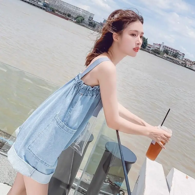 

Slimming Denim Overalls Women's Summer New Sle plus Size Faionable ort Pants High Waist Blue Jeans Bal One-Piece