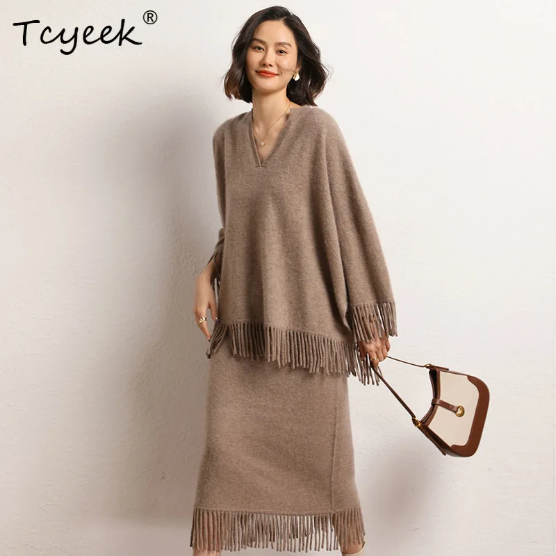 

Tcyeek, 12G Wool Cashmere Loose Sweater, Women V-Neck Tassels, Casual Fashion Pullover, 2024 Autumn Winter New Top T48758QM
