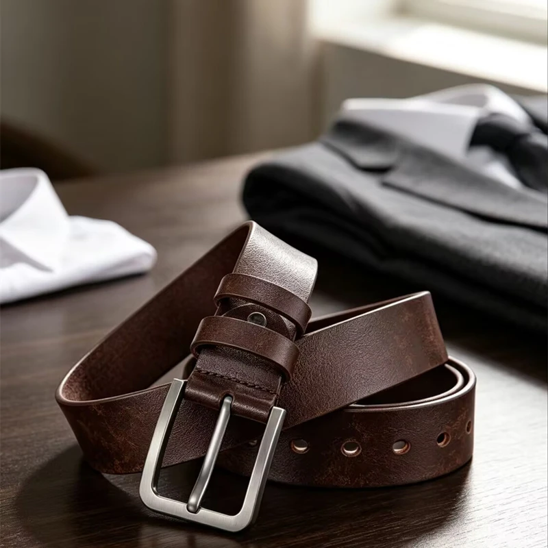 FLEXFIL Men Leather Belt Metal High Quality Business Fashion Classic brand simple Split Leather Waist Strap Jeans Men Belt