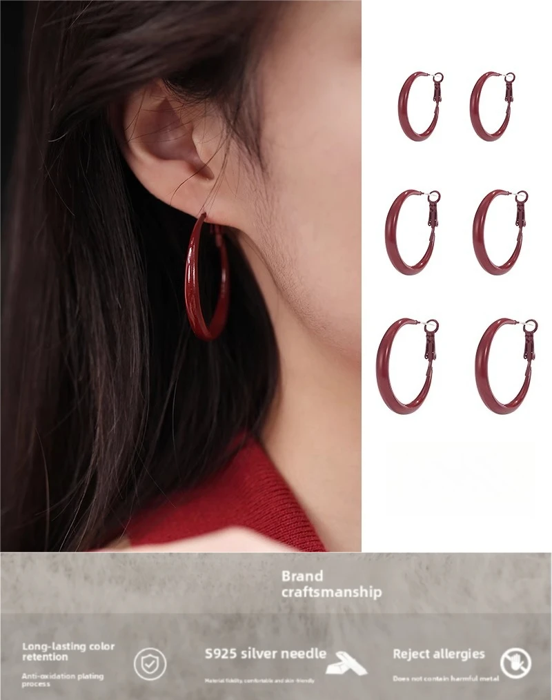 

S925 Silver Hypoallergenic Burgundy Retro Hoops, Trendy Earrings 2025