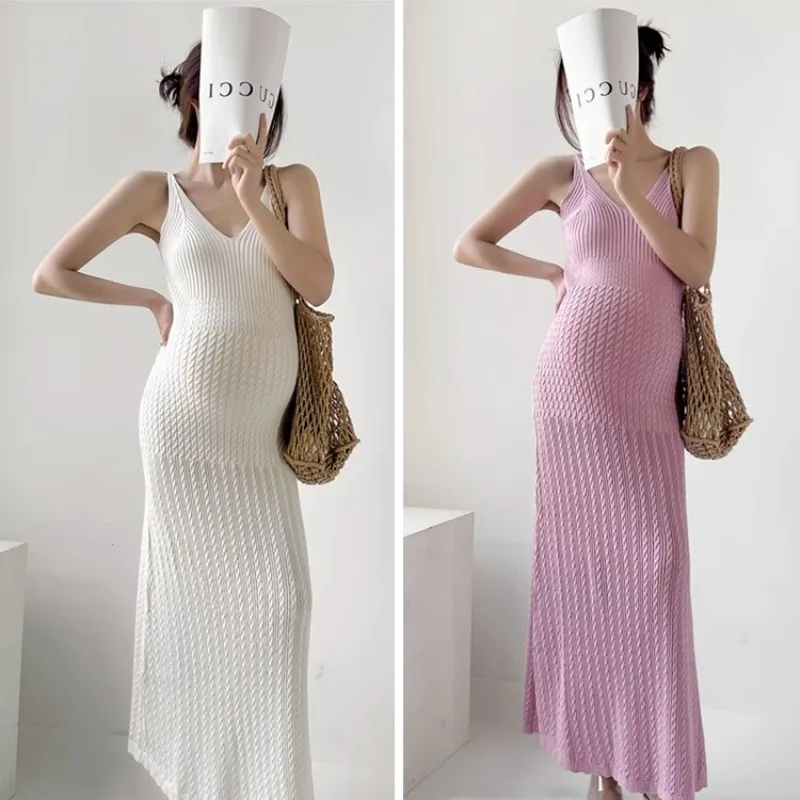 Pregnant Women's Summer French Style V-neck Knitted Camisole Dress  Summer Slim Fit  Inner Layer  Vacation Skirt