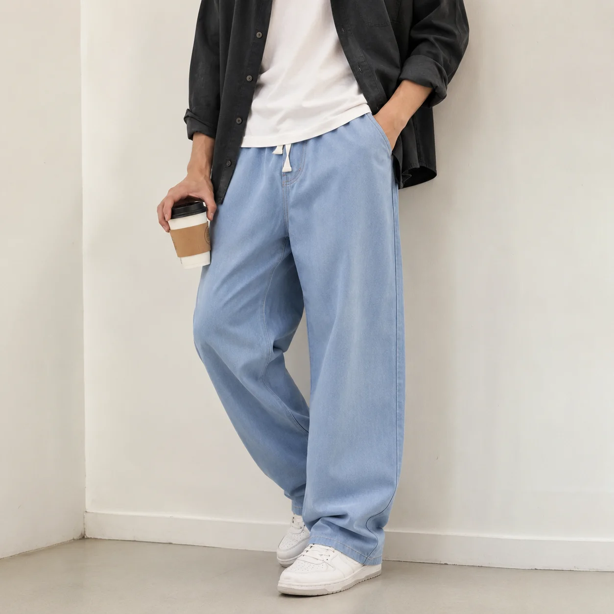 Autumn Winter Men's Streetwear Jeans Loose Straight Washed Denim Pants Baggy Drawstring Korean Fashion Casual Trousers Blue Grey