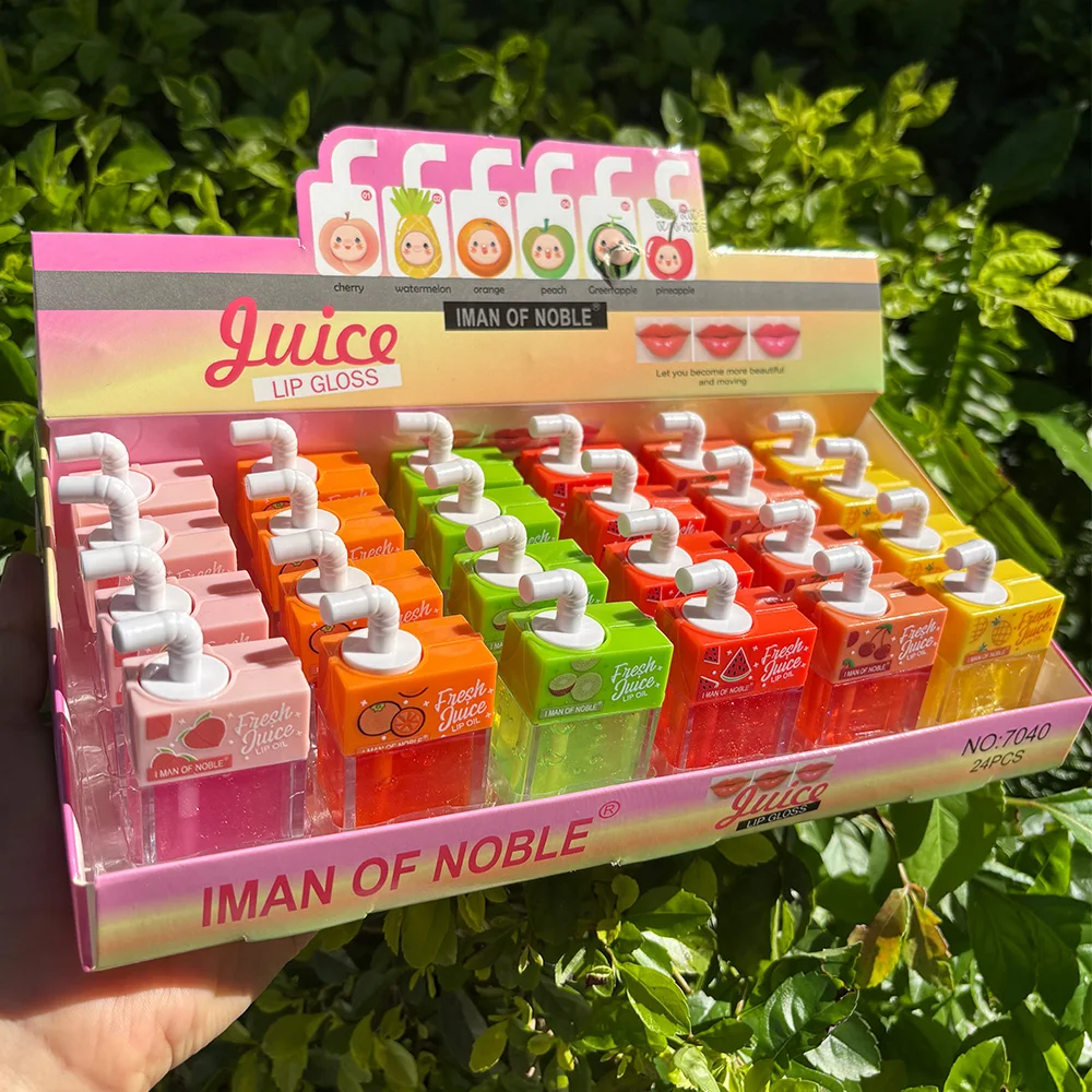 24 個かわいいジュースボックスリップグロスセットフルーティークリア水っぽい保湿リップグロス液体口紅唇化粧品