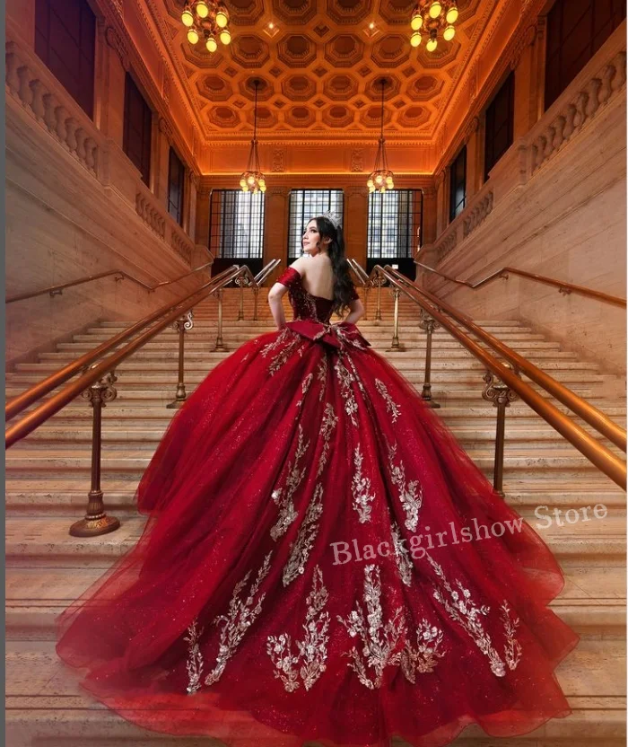 Red Luxury Quinceanera Dresses Glitter Princess Beaded Applique Bow Off Shoulder Tulle Mexico Customised 15 Dress Dresses gala