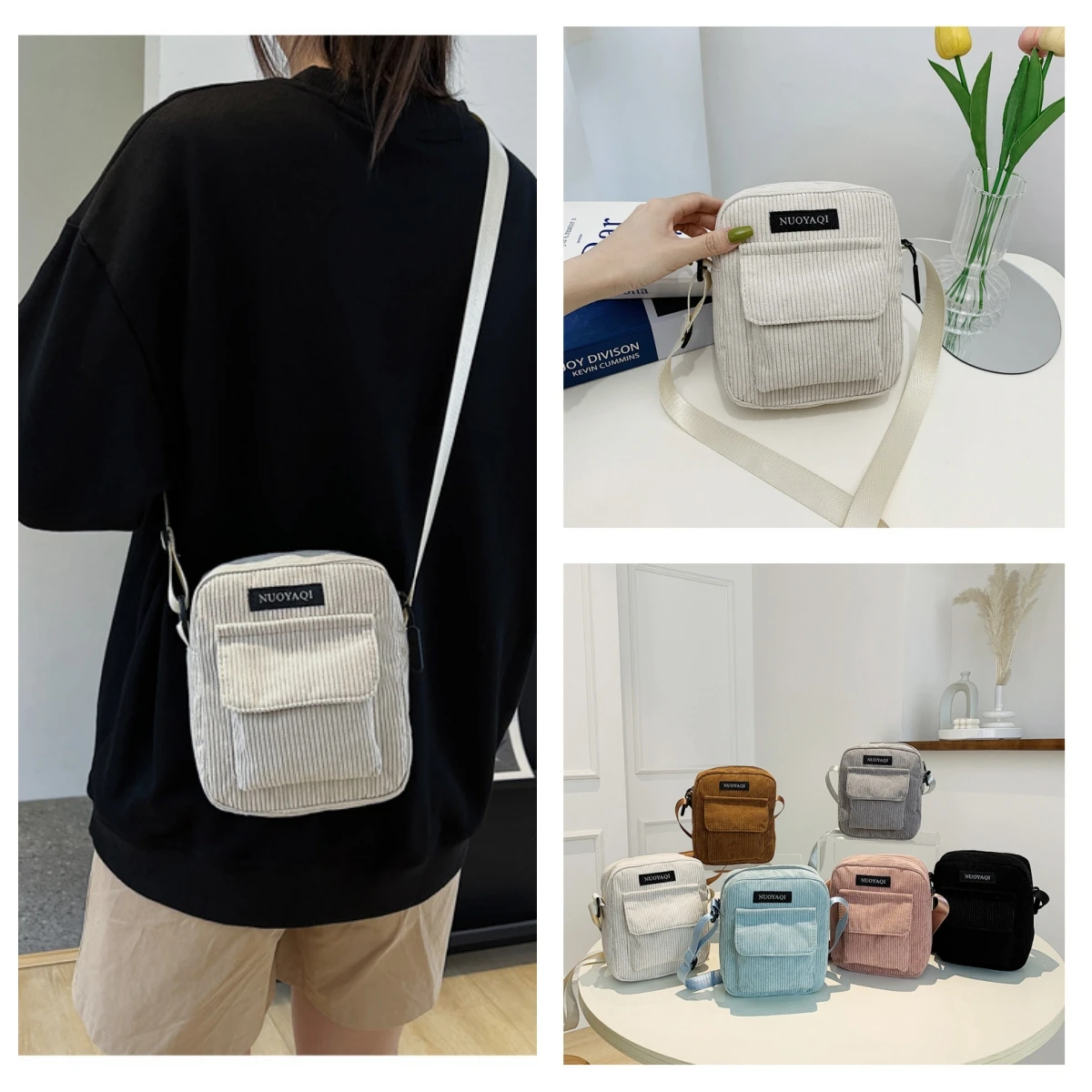 Casual Zipper Corduroy Crossbody Bag Cute Shopping Bag for Women Single Shoulder Bag Phone Pouch Striped Cloth Fabric Handbags