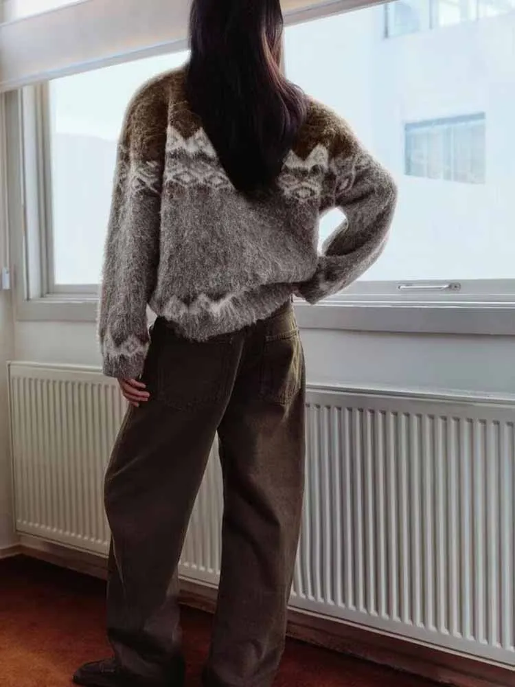 Estilo europeu e americano outono recém chegados roupas femininas da moda, versátil decote em v desbotado jacquard malha cardigan