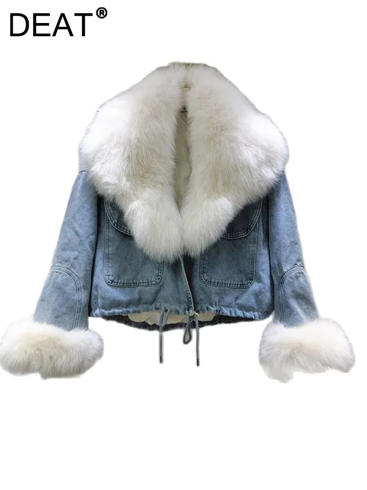 

DEAT Women's Denim Coat Loose Fox Fur Collar Drawstring Cotton-padded Single Breasted Jackets 2024 Autumn New Fashion 29L8697