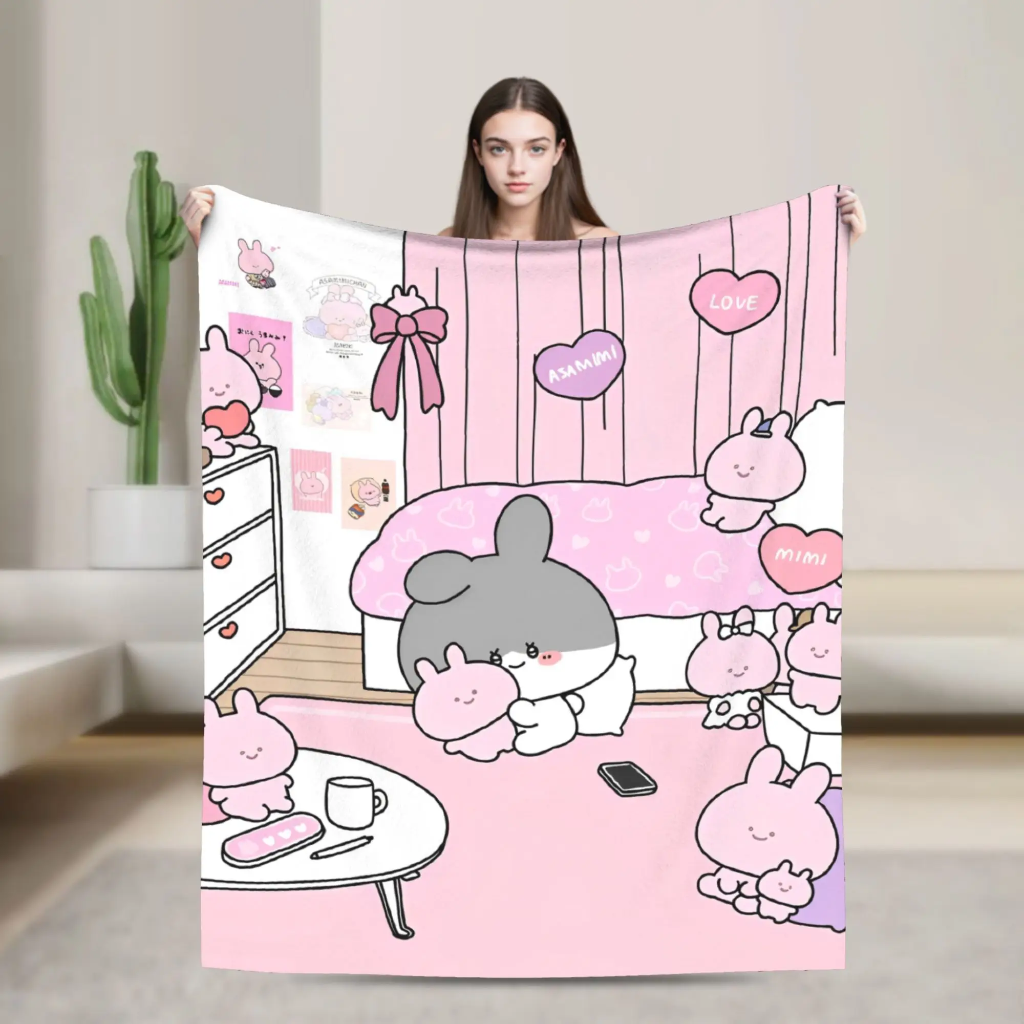 Asamimichaans Asleep Cartoon Blanket Cover Fleece Cute Asamimi Lightweight Throw Blanket for Bed Bedspread