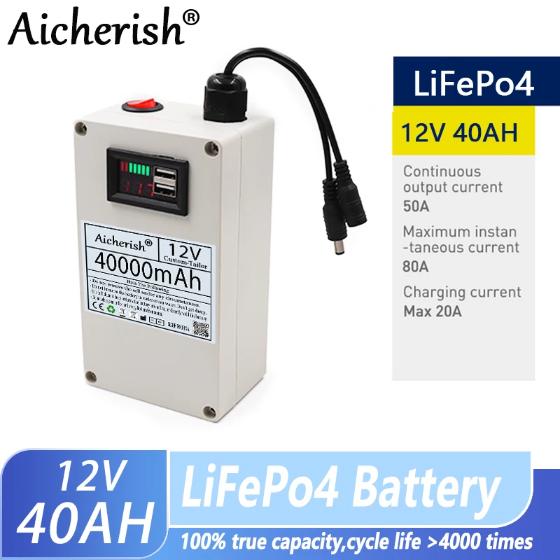 Aicherish 12V LiFePO4 Rechargeable Battery 12.8V 20Ah 30Ah 40Ah 50Ah 60Ah Life Cycle 4000 Deep Cycles, Built-in Bms Protection