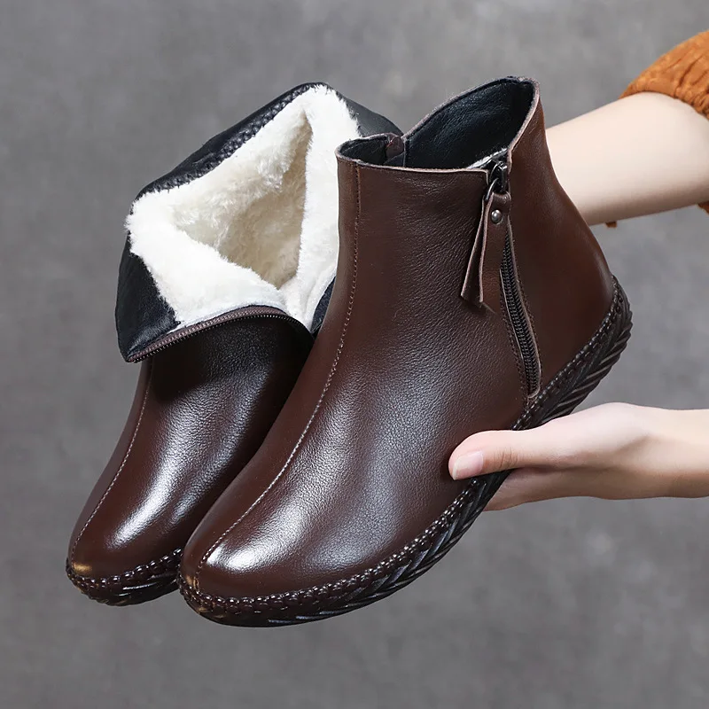 2023 Autumn Winter Fashion Genuine Leather Ankle Boots Handmade Lady Soft Flat Shoes Comfortable Casual Warm Women Short Boots