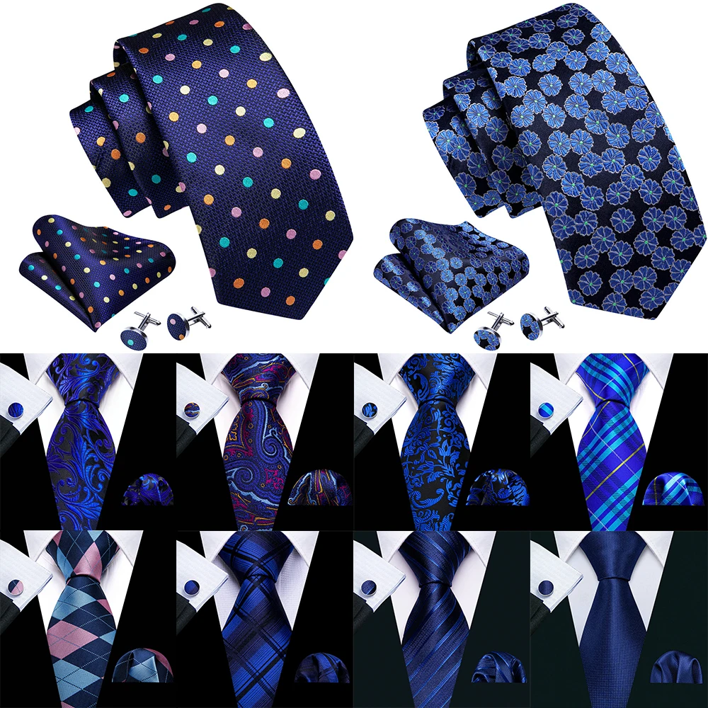 Navy Blue Dot Men Necktie High Quality Silk Pocket Square Cufflinks Woven Suit Tie Sets Business Party Designer Barry.Wang 6486