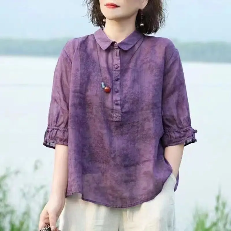 Summer New Korean Fashion Elegant Half Sleeve Thin Shirt Women\'s Solid Printed Lapel Button Patchwork Breathable Loose Top 2024