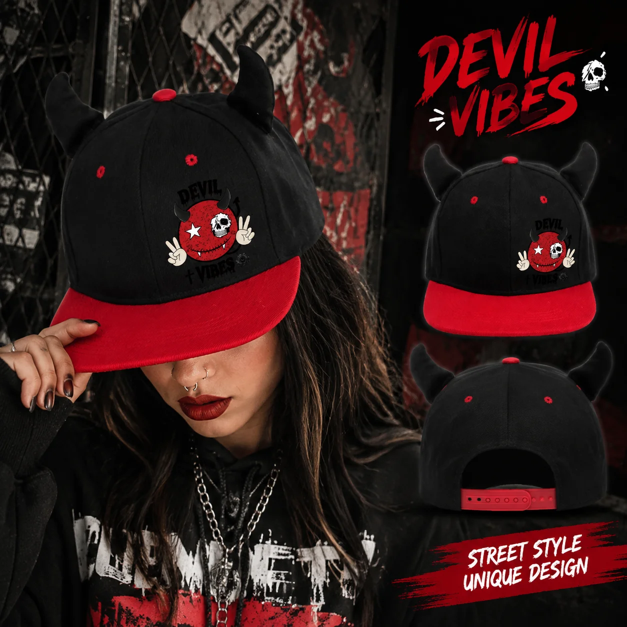 1PC Devil Vibes Skull Print Devil Horns Flat Brim Snapback Cap Y2K Streetwear Hip Hop Adjustable Baseball Hat for Men Women