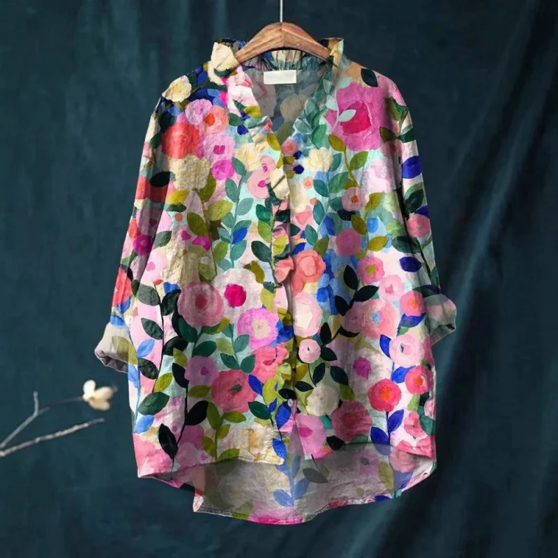 

Plus Size Boho Blouse Women's Floral Print Ruffle V Neck Linen Blend Tops Oversized Vintage Long Sleeve Casual Shirt Summer 5XL