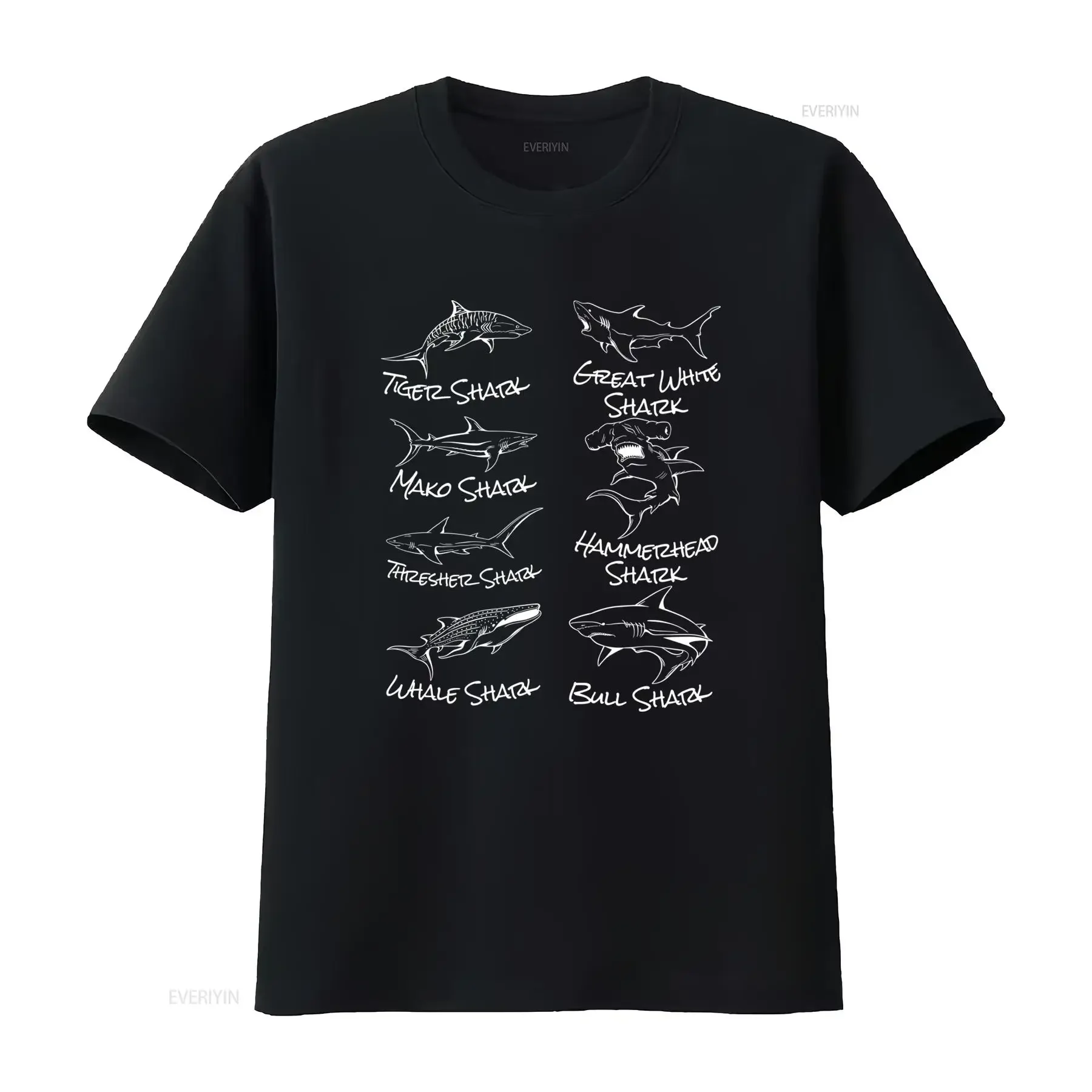 Cool Line Art Assorted Shark Species Print Lover Casual T Shirt vintage Washed Versatile Comfortable Soft streetwear graphic