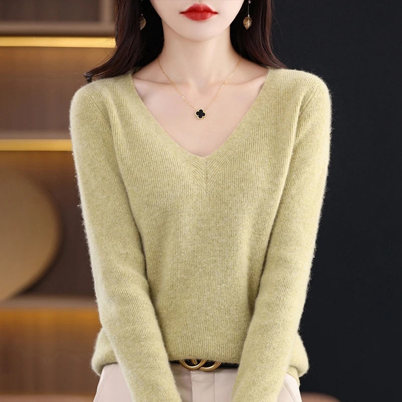 

2023 New V-Neck Cashmere Sweater Women Long Sleeve Autumn and Winter Knit Pullover Solid Color Cashmere Base