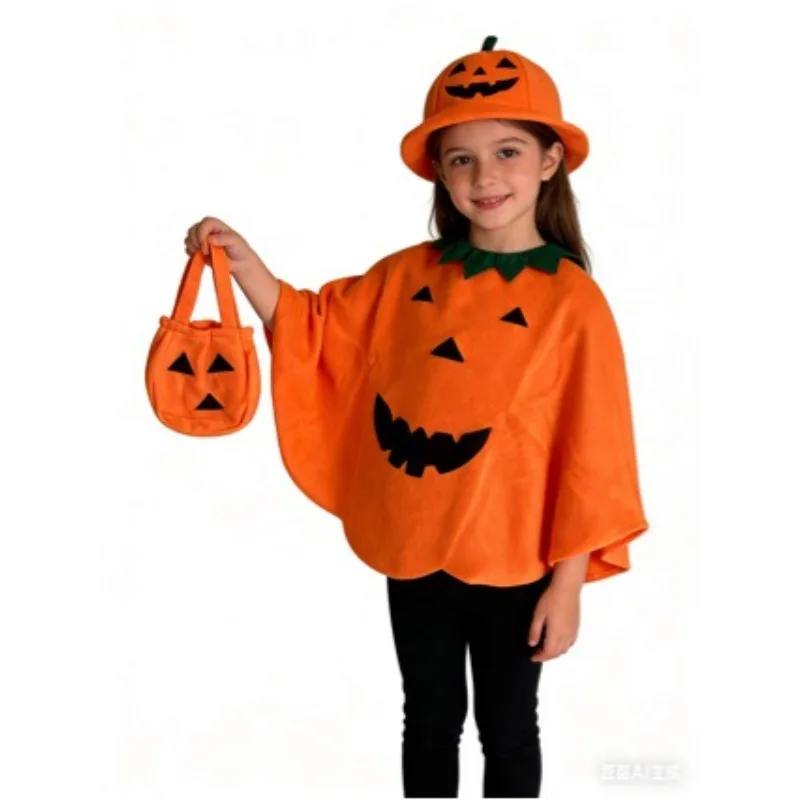 Kids Pumpkin Cape With Cute Hat Handbag For Halloween Party Show Set Funny Personality Themed Stage Performance Role Up Clothes