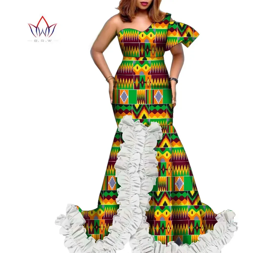 BintaRealWax African Dresses Vintage Plus Size Clothing for Women Elegant Africa Wax Print Strapless Floor- Length Dress WY1700