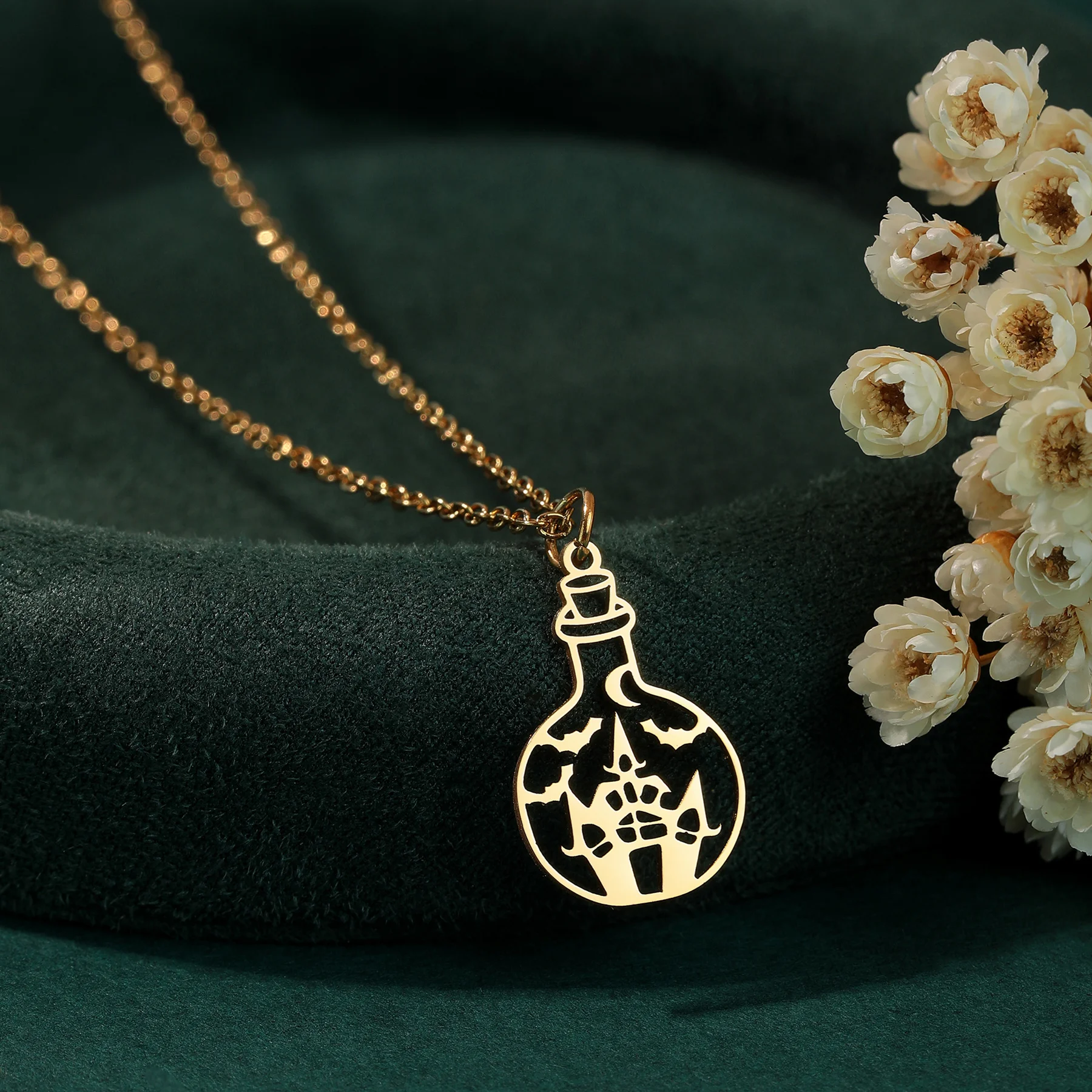 Chandler Bottle Pendant Haunted Mansion Moon and Bats Charm Necklace Halloween Gift