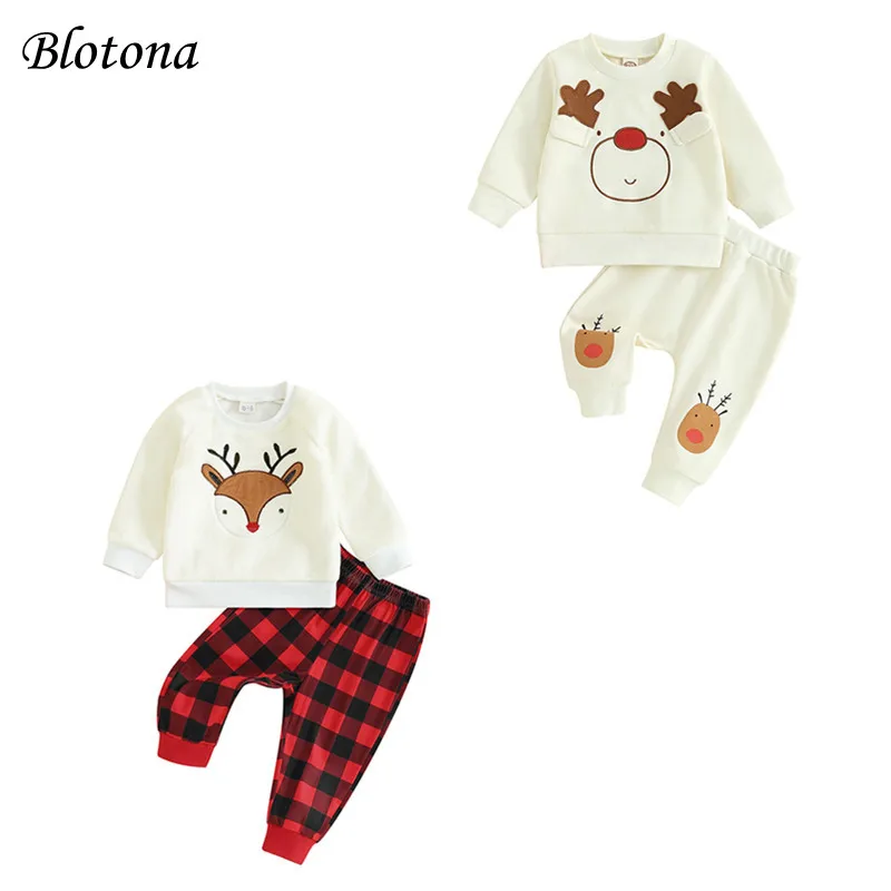 

Blotona Baby Pants Set, Cartoon Elk Long Sleeve Crew Neck Sweatshirt with Sweatpants Christmas Outfit for Girls Boys 0-3Years