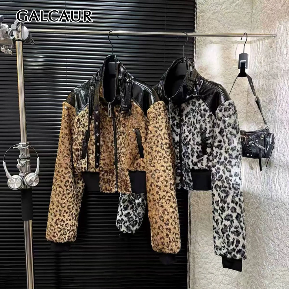 GALCAUR Leopard Print Spliced Fluffy Slimming Jacket for Women Stand Collar Long Sleeve Patchwork Zipper Pocket Jackets Female