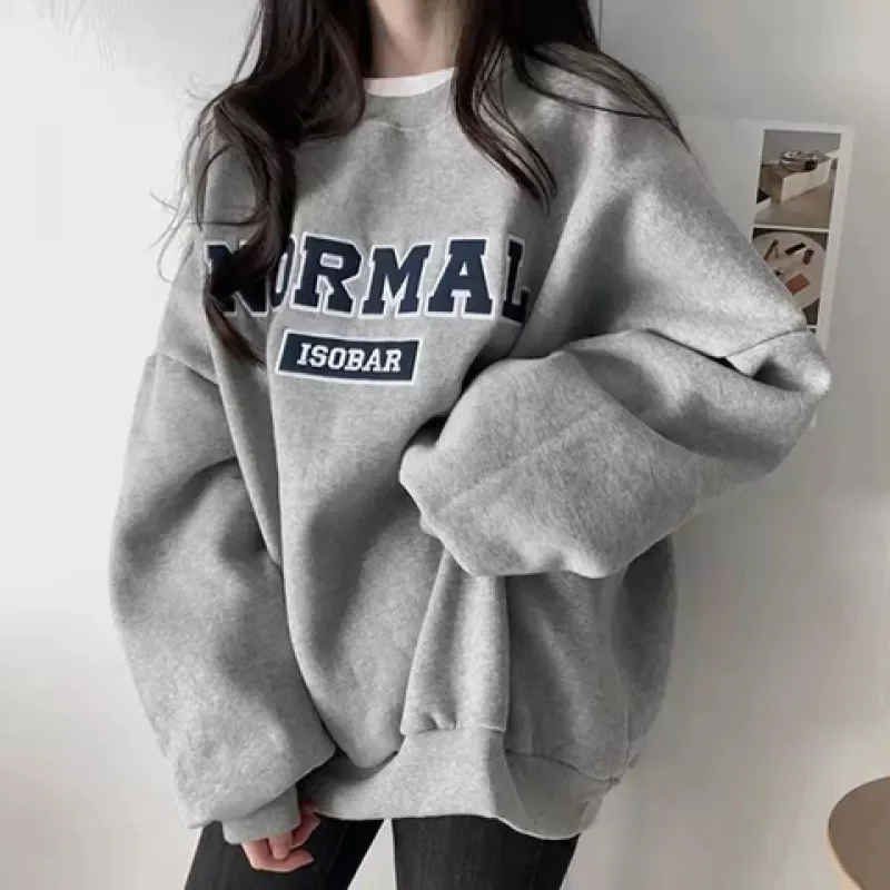 

Gray Hatless Crew Neck Fleece Sweater Women's Loose Medium and Long Autumn and Winter Thickened Lazy Wind Long-sleeved Top 2025