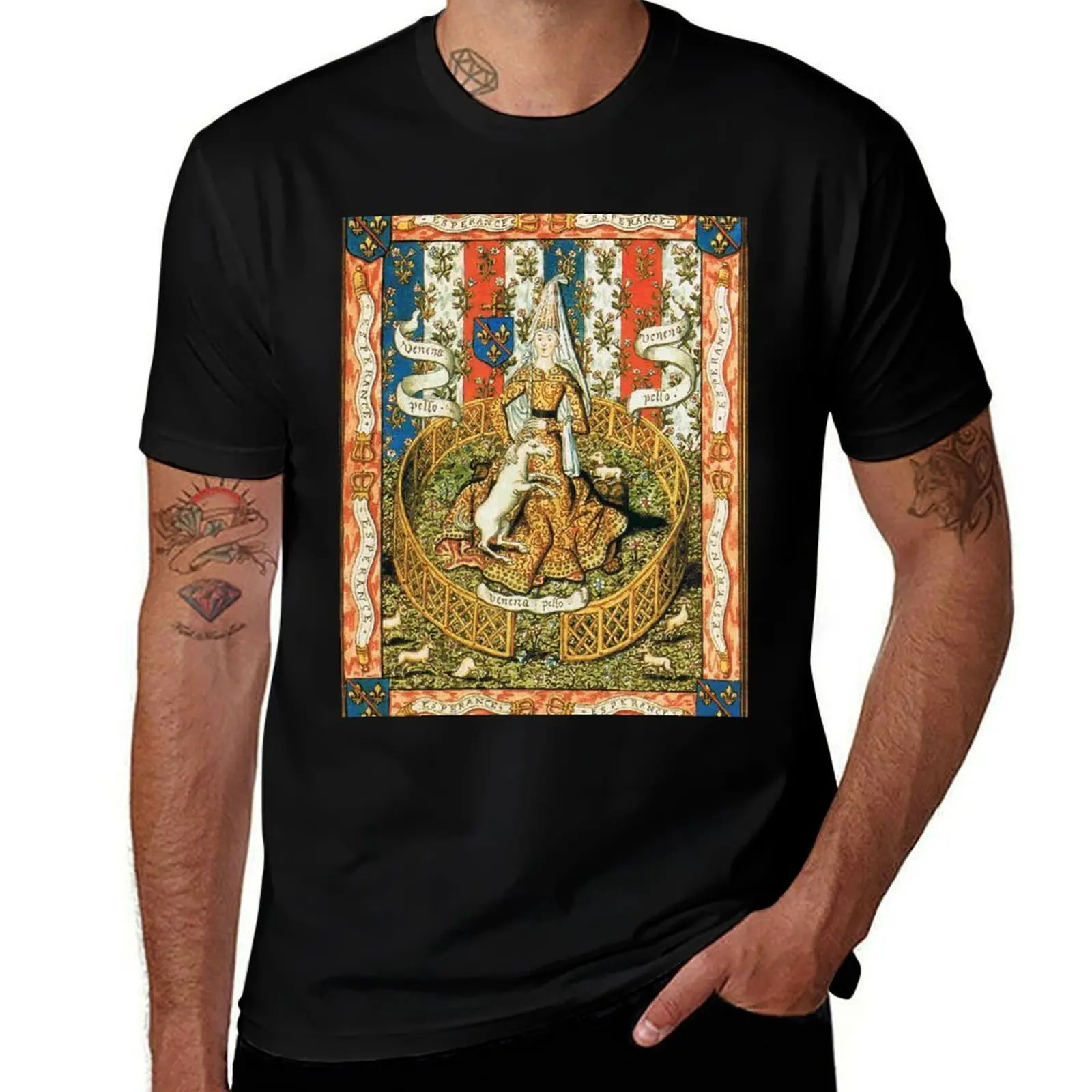 

LADY AND UNICORN ,FRENCH HERALDIC FLEUR DE LYS Medieval Miniature in Red Blue White T-Shirt