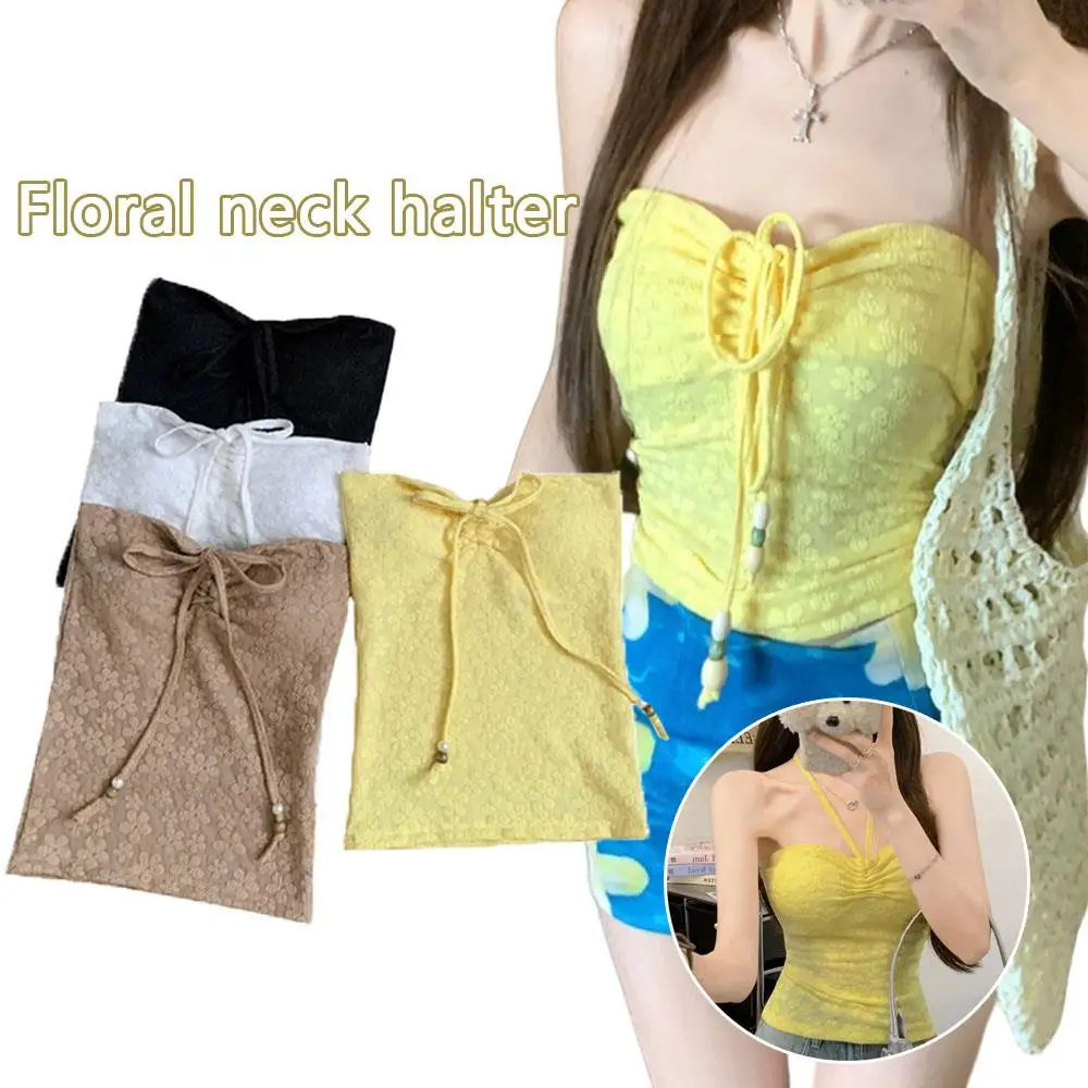 

Y2k Streetwear Lace Up Sweet Camisole Sexy Backless Halter Camis Colorful Basic Tank Top Vacation Summer Decor Floral Tube Top