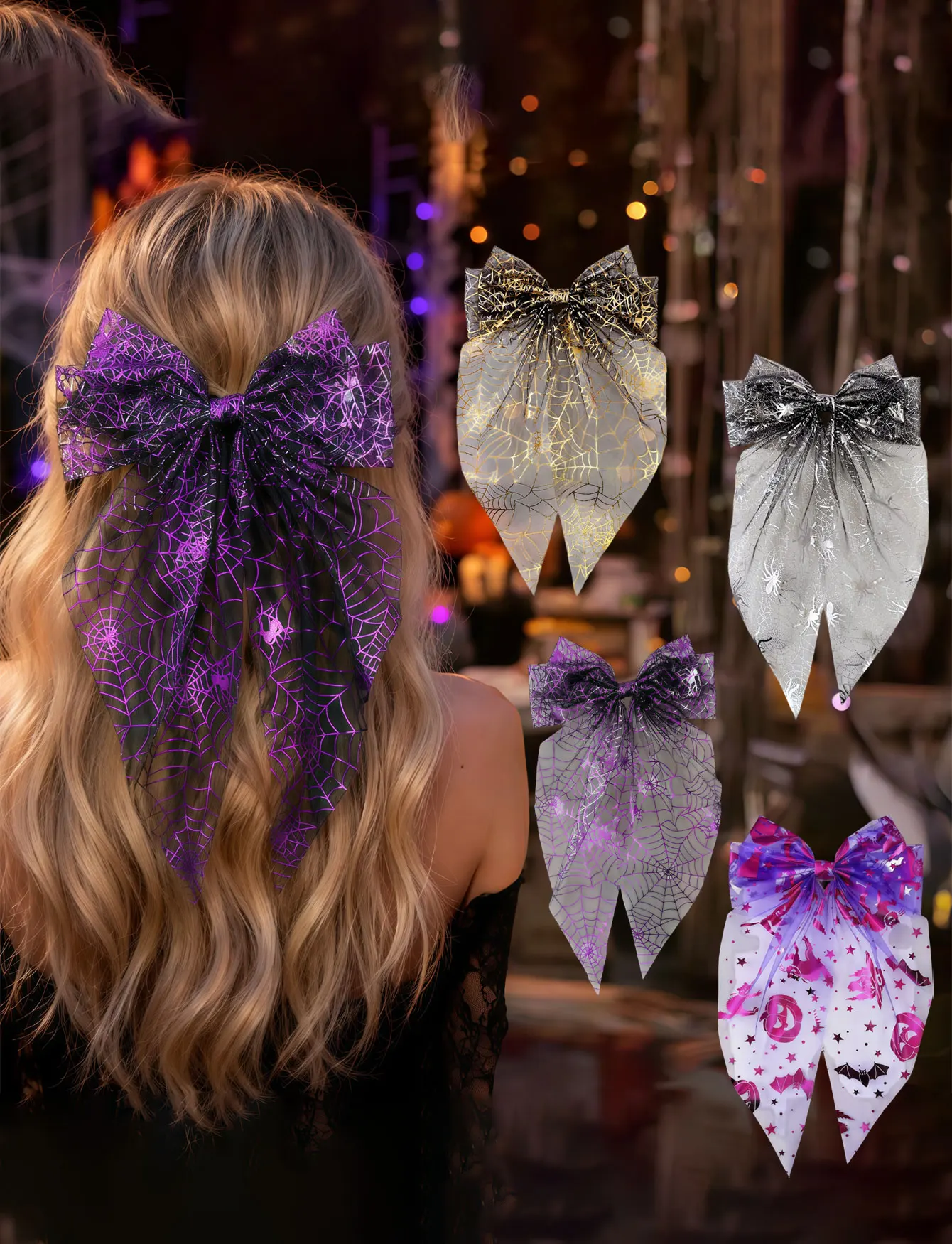 1PC  2026 Halloween netted bow hairpin with spider web pumpkin gold ribbon spring clip party decoration hair accessory