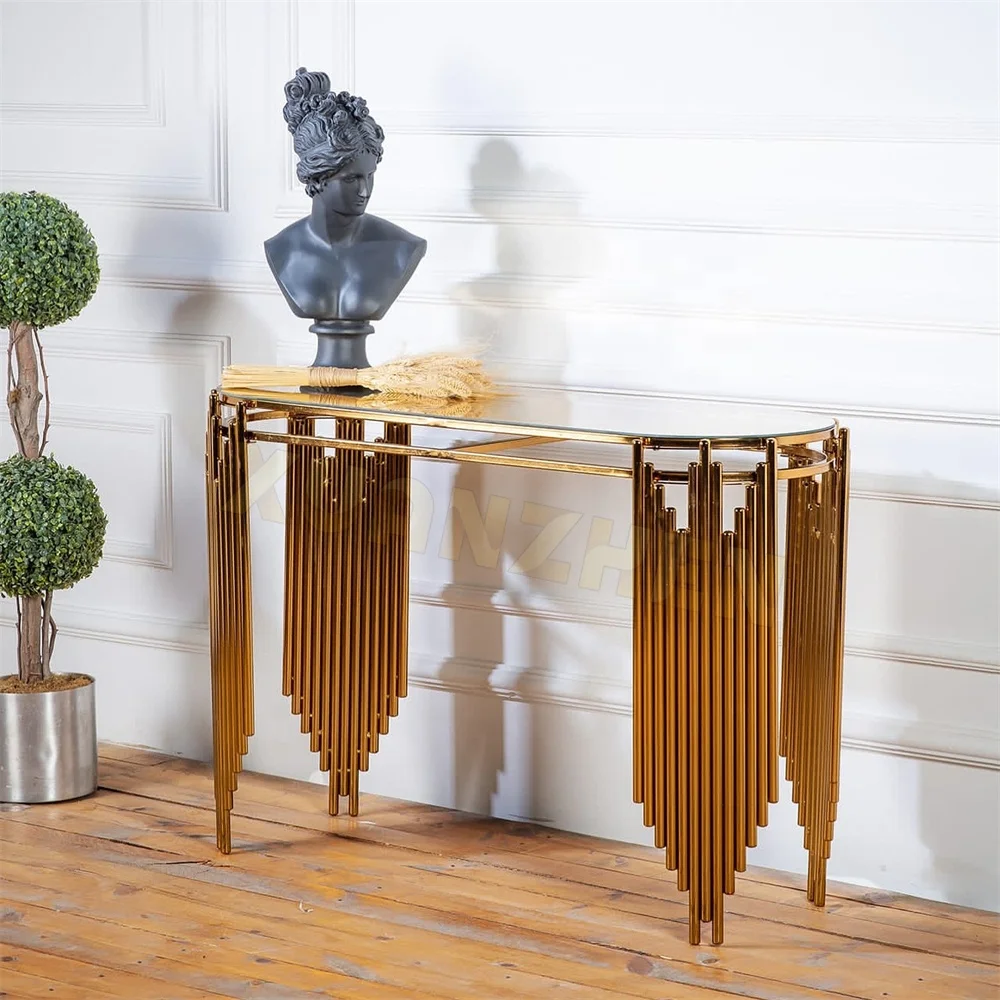 Living room furniture pop marble gold luxury entrance hallway console table modern glass luxury console strap mirror
