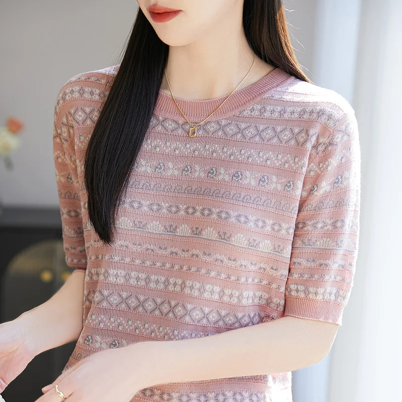 

Summer New Striped Jacquard Round Neck Short Sleeve Ice Silk Women's Hollow Knitwear Jacket Thin Women