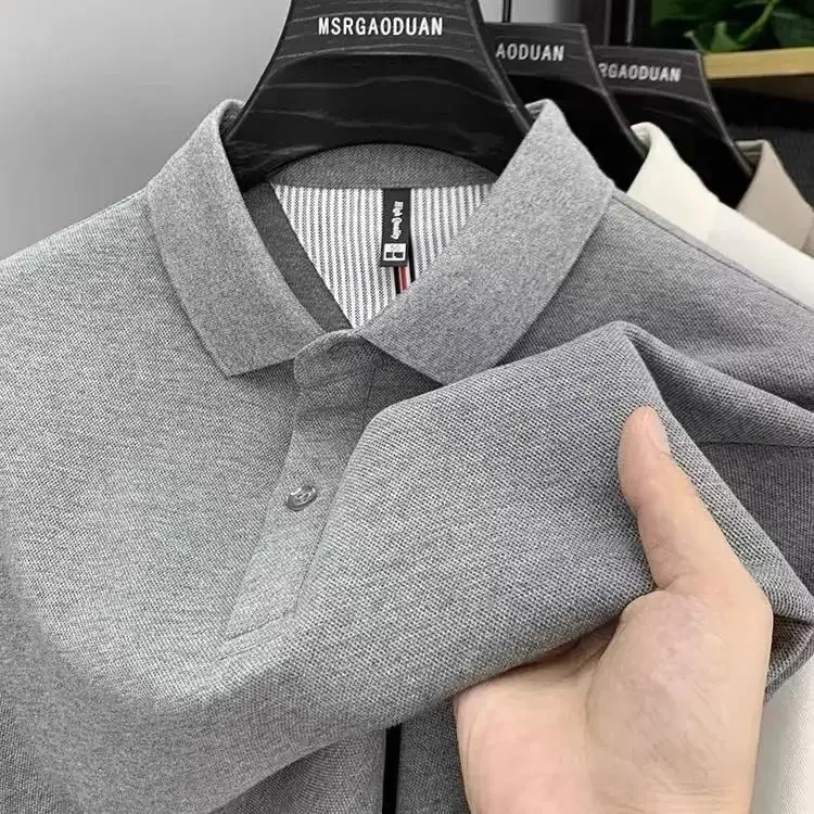 Polo haut de gamme en pur coton épais, nouveau T-shirt à manches longues pour hommes, haut de couleur unie, printemps et automne