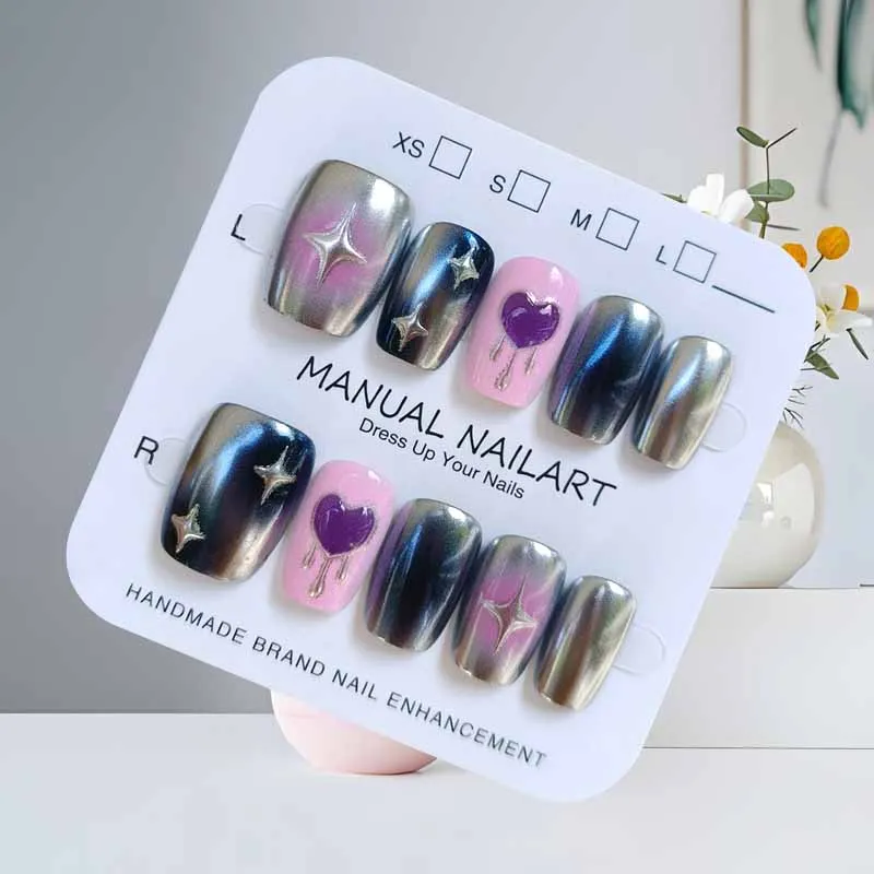 10 قطعة فضي أسود متدرج أرجواني ثلاثية الأبعاد قلب وأسود ماجيك أبل الراقية الشعور عين القط اضغط على الأظافر مسمار التصحيح الأظافر وهمية #2