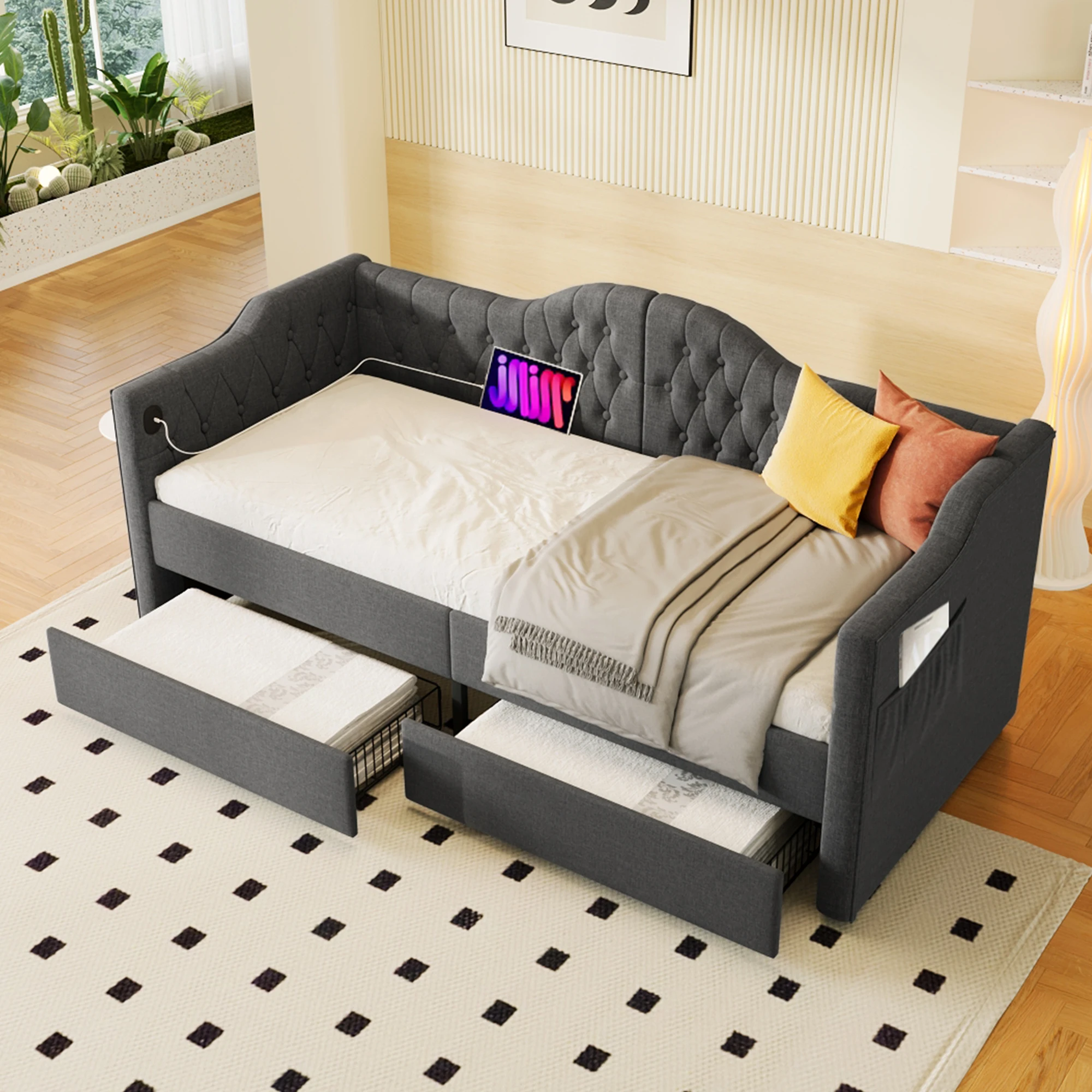 Lit d'appoint simple, 2 tiroirs, poches, USB et Type-C, 90×200 cm, sans matelas, gris lin