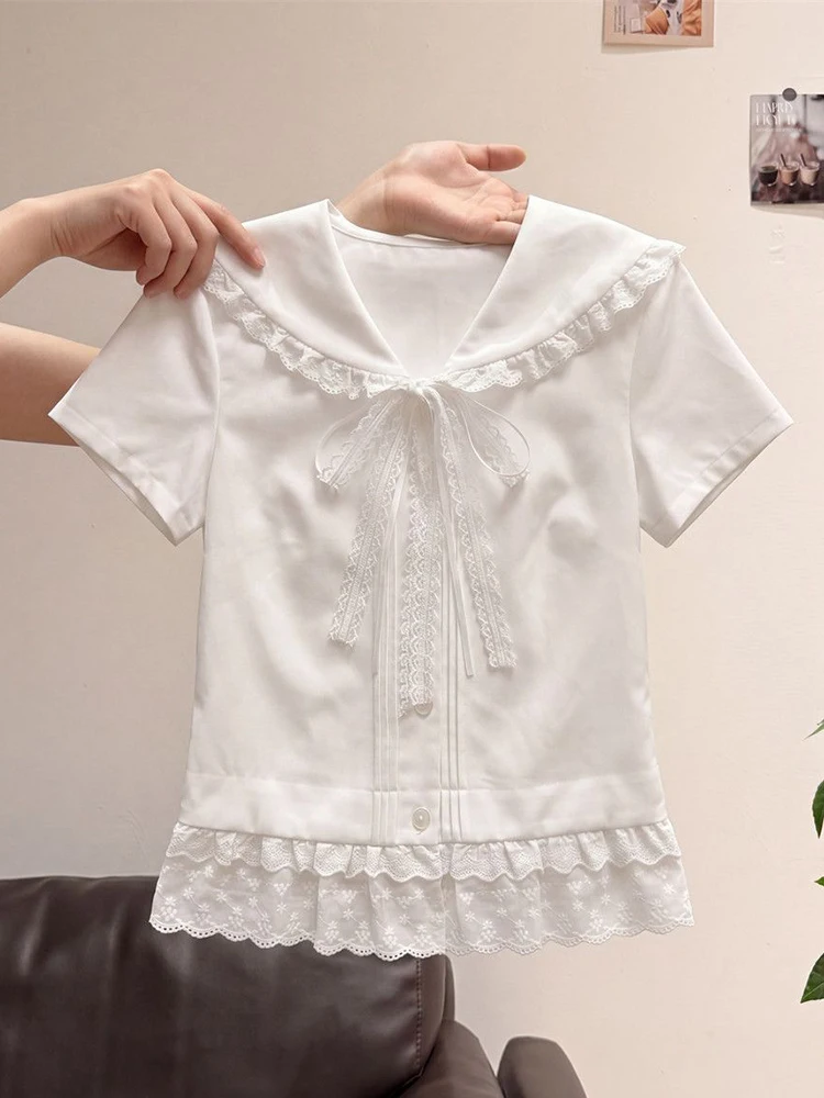 

Lace Bow White Shirt Women Slim Short Sleeve Sweet Blouse Summer Preppy Style Fashion Peter Pan Collar Japan Female Kawaii Tops