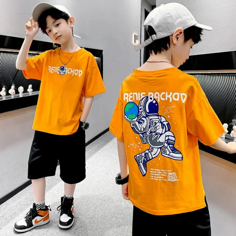 100% Cotton Boys T-shirt Summer Cartoon Graffiti Astro Print Girls Tees Short Sleeve Children Top High Quality Kids Clothes New