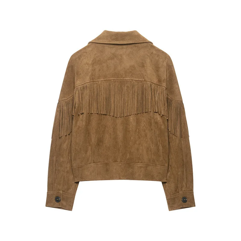 NINE ZAR Women's Velvet Texture Fringe Short Suit Collar Jacket Outerwear Long Sleeve Button Closure Winter Fashion
