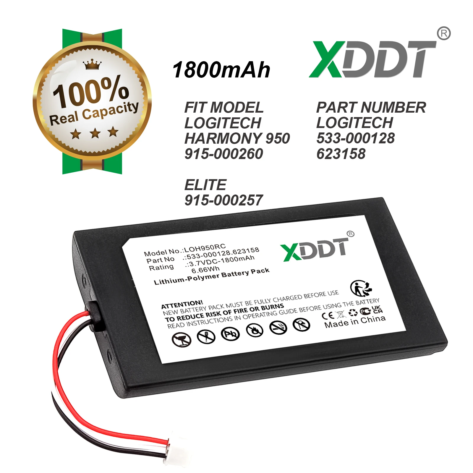XDDT 1800mAh Replacement Battery for Logitech 915-000257 915-000260 Elite Harmony 950 533-000128 623158