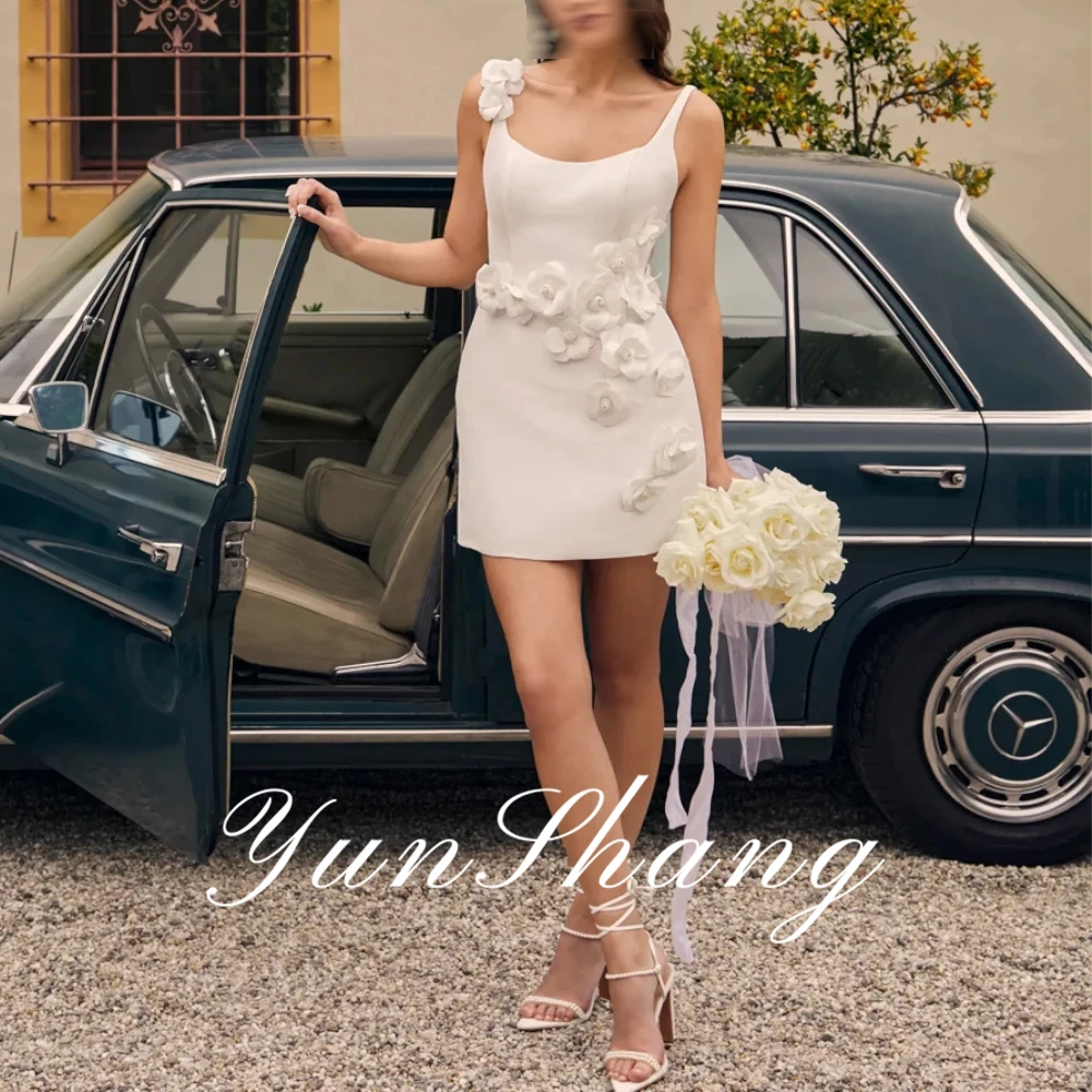 YunShang Customized Sexy Short Wedding Dresses Short Sleeves A-Line Bridal Growns Bows Pearls Above Knee Length Illusion Vestido