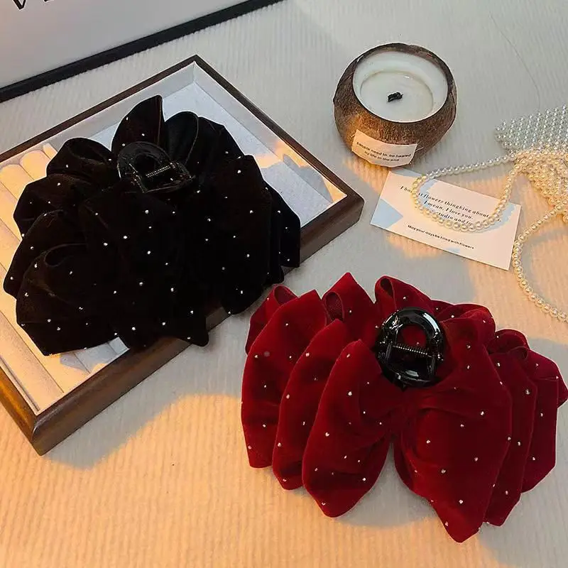 Elegante große einfarbige Samt diamantbesetzte Schleife Haarspangen Frauen Mädchen Haarklammern Haarnadel Kopfschmuck Haarschmuck – Detail 5