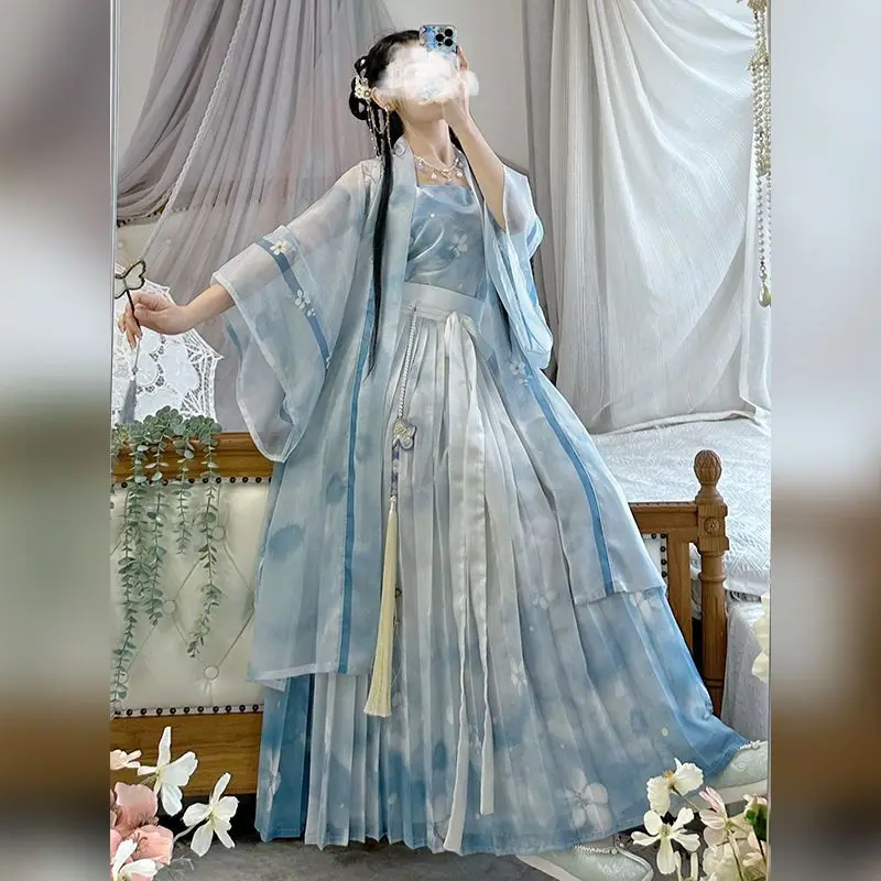 Vestido Hanfu chino antiguo para mujer, traje de Cosplay Vintage, azul, 3 piezas, traje de fiesta, trajes de la dinastía Song