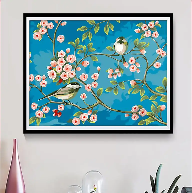 

Вышивка бисером и крестиком для декора спальни: китайский стиль, красный, черный, синий, хлопковая ткань, узор «Птица на ветке с цветами»