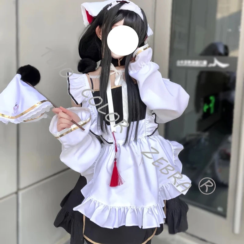A;3\v,7'd/Game Azur Lane Chang Feng Cosplay Costume White Maid Cos Dress with Frilled Apron Choker Headress Props Wig w.3;v'6\b/ view 4