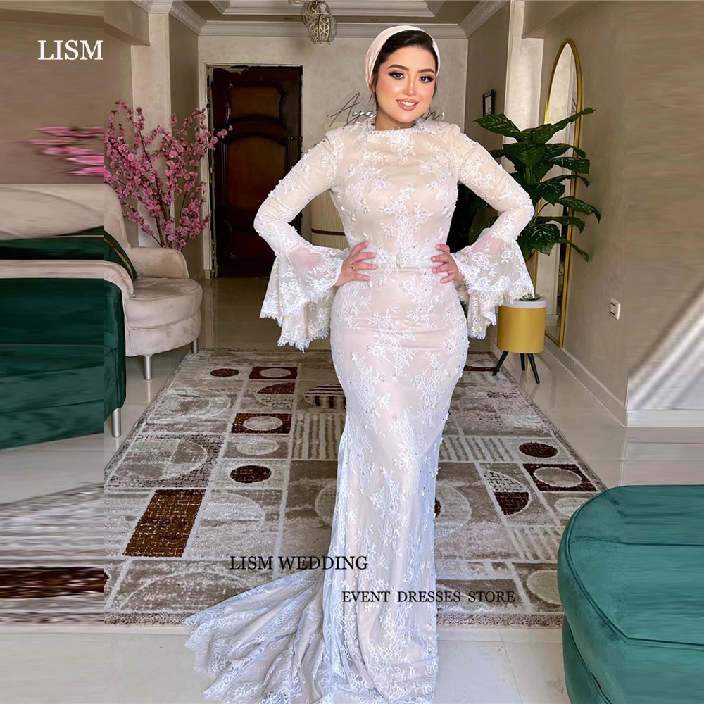 

LISM Modest Muslim Arabic Women Evening Dresse Long Sleeves O-Neck Lace Elegant Prom Gowns Floor Length Fomal Occasion Dress