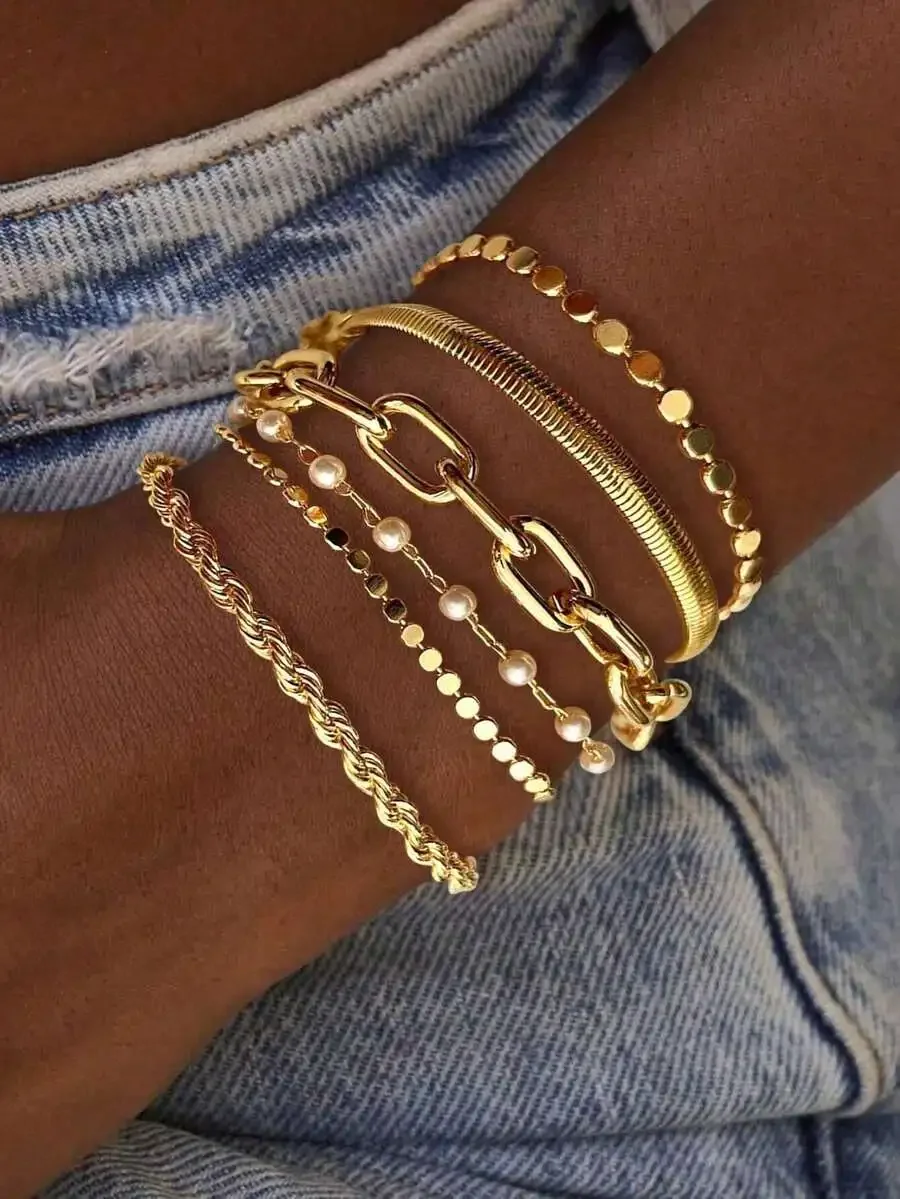 12pcs Vintage Elegant Flat Snake Chain, Box Chain, Beaded Chain, Twist Chain, Rhinestone Bracelet Set