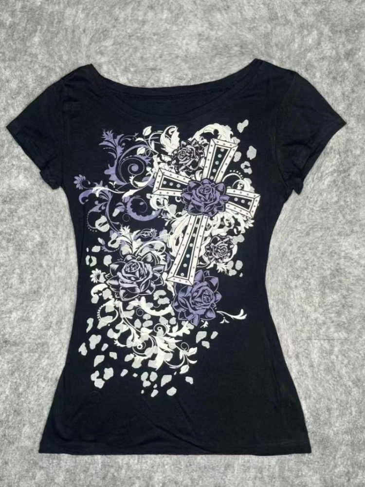 American Vintage Y2K Punk Rock Crystal Rhinestone Short Sleeve T-Shirt Women 2000s Slim Sexy Casual Fashion Summer Clothes Ins